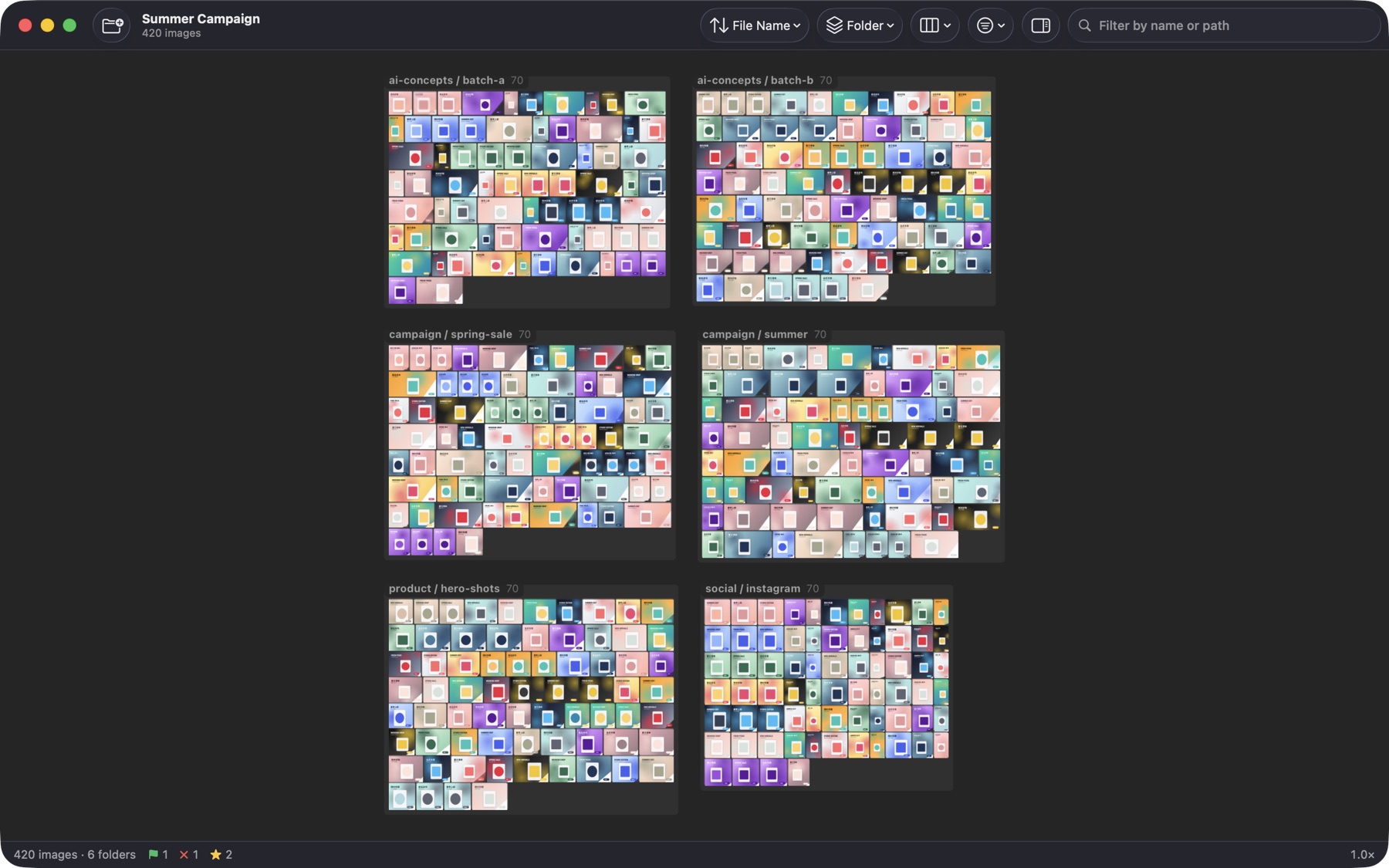 Folders shown as islands on a dark canvas